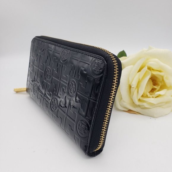 TORY BURCH Embossed Black Patent Leather T Logo Luxe Continental Wallet Clutch - Picture 12 of 14